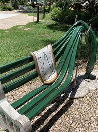 High angle view of bench in park