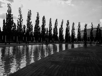 Silhouette trees by lake against sky in city