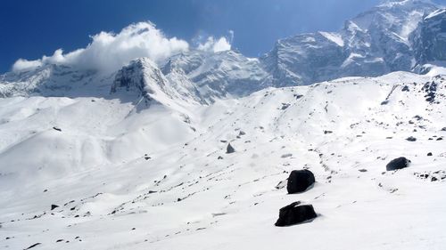 Scenic view of snow covered mountains against sky