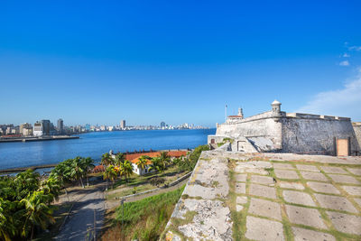 View of buildings against blue sky