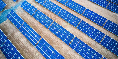 Aerial view of solar panel farm. solar power station aerial view. rows of solar photovoltaic panels