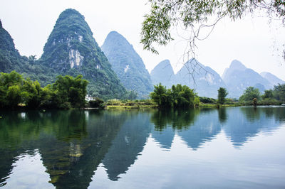 Scenic view of lake and mountains against clear sky