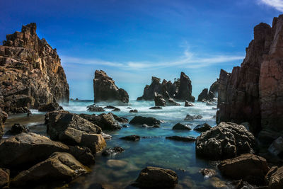 Panoramic view of rocks on beach against sky