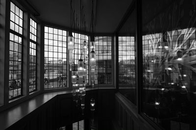Illuminated building seen through glass window