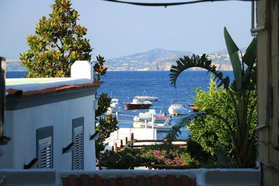 Scenic view of bay against clear sky