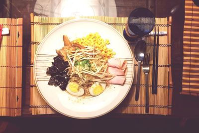 High angle view of soup in bowl on table