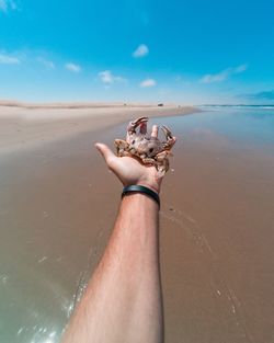 Midsection of person on beach against sky