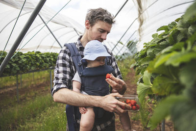 Full length of man holding ice cream in greenhouse