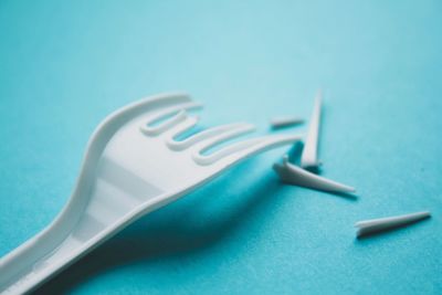 High angle view of blue objects on table