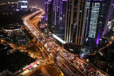 High angle view of street at night