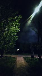 Illuminated street amidst trees against sky at night