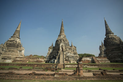 Low angle view of buddhist temple against clear blue sky