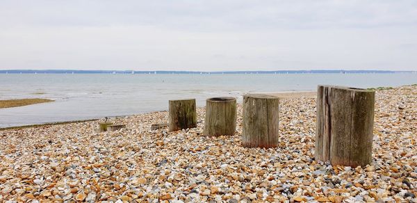 Wooden posts on beach against sky