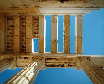 Directly below view of ceiling acropolis against clear blue sky