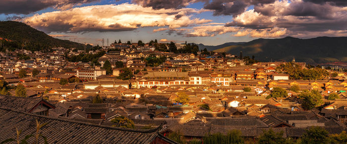 Panorama top view scene of ancient lijiang old town, is the historical center of lijiang city, 