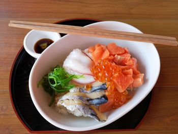 High angle view of food in plate on table