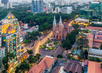 High angle view of city at night