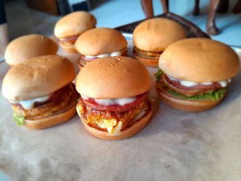 Close-up of burger on table