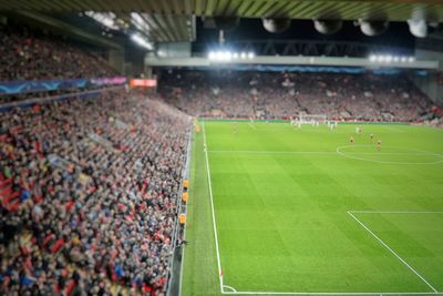 High angle view of people on soccer field