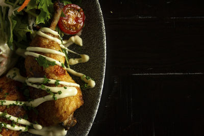 High angle view of food in plate on table