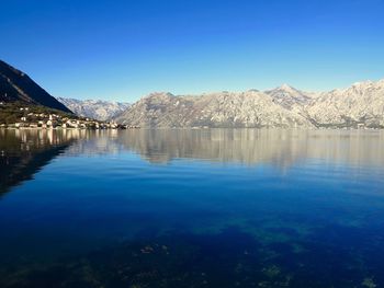 Scenic view of lake against clear blue sky