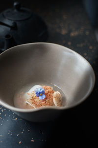 High angle view of coffee in bowl on table