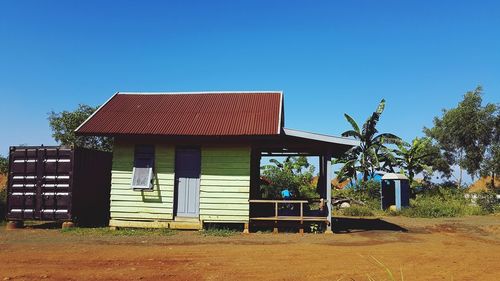 House on field against clear blue sky