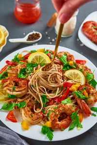 Stir fry noodle with shrimps, asian cuisine, cooked soba