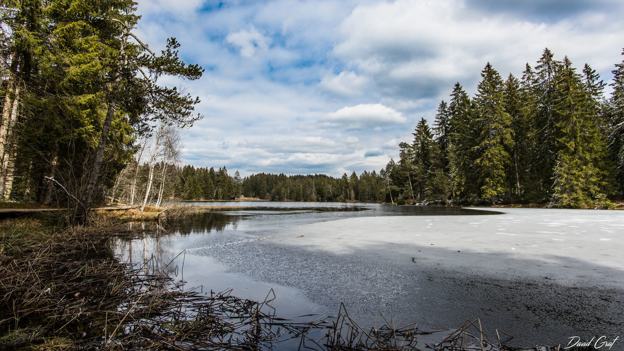 SCENIC VIEW OF LAKE AGAINST CLOUDY SKY