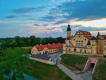 High angle view of buildings against sky