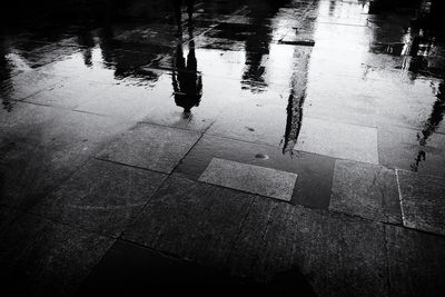 Reflection of man in puddle on street