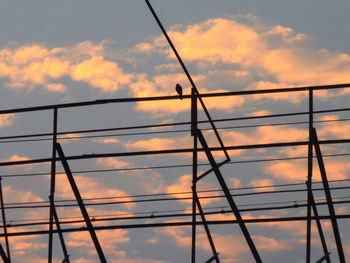 Low angle view of silhouette cables against sky during sunset