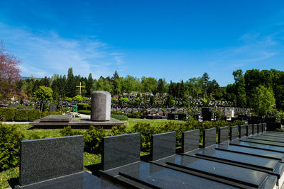 Tombstones at mirogoj cemetery against sky