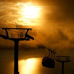 Silhouette overhead cable cars against cloudy sky during sunset