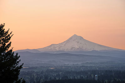 Scenic view of snowcapped mountains against sky during sunset