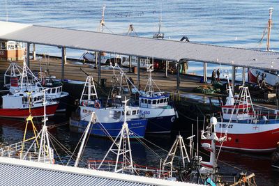 High angle view of sailboats moored at harbor