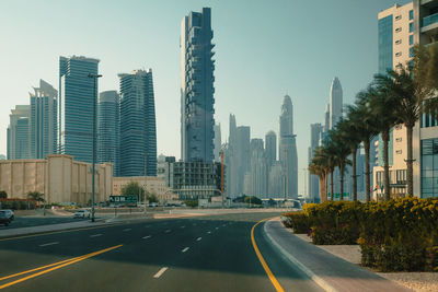 View of city buildings against clear sky. united arab emirates. dubai city view highway.