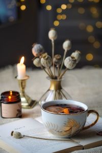 Close-up of lit candles on table