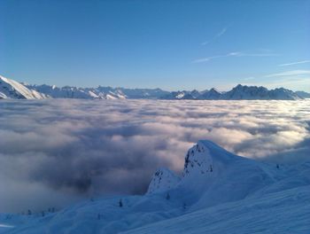 Scenic view of snowcapped mountains against sky