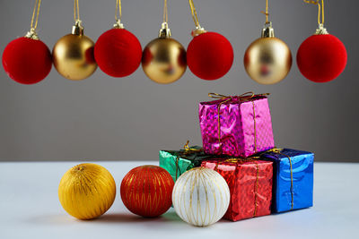 Close-up of christmas decorations on table