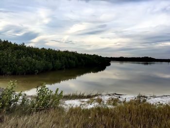 Scenic view of lake against cloudy sky