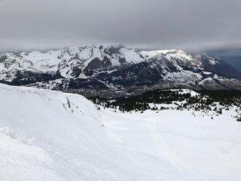 Scenic view of snowcapped mountains against sky