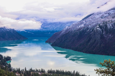Panoramic view of sea and mountains against sky
