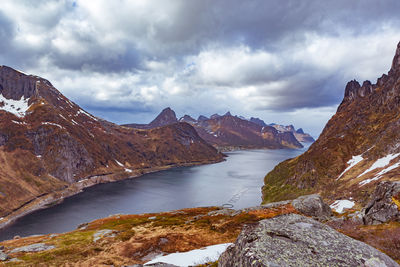 Scenic view of lake and mountains against sky