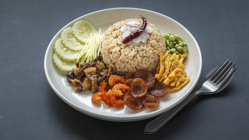 High angle view of breakfast served on table