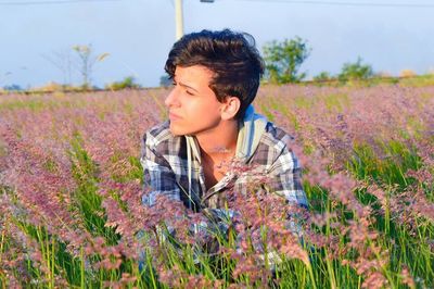 Beautiful flower on field against sky