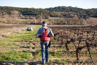 Rear view of man standing in field