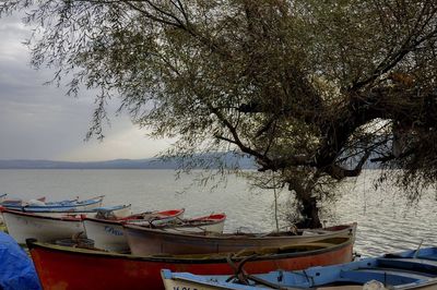 View of boats moored in lake against sky