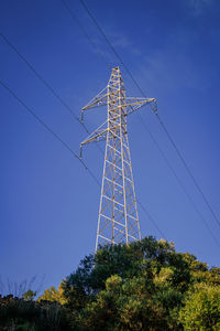 Low angle view of electricity pylon against clear sky