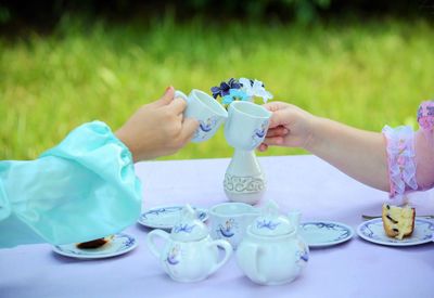 Cropped hands of women toasting tea cup in back yard